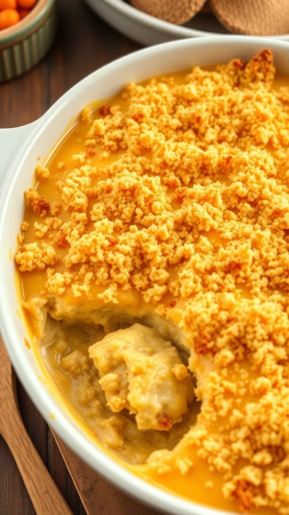 Cheesy chicken casserole with breadcrumbs, served in a white dish, on a rustic kitchen table.